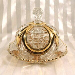 Gold Trimmed Covered Butter or Cheese Serving Dish #  26711